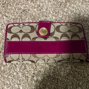 Coach Signature Canvas Wallet - monogram with pink leather accents.